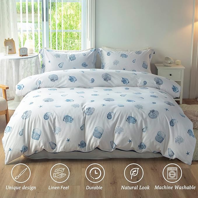 MILDLY 100% Washed Cotton Duvet Cover - Blue Seashell Pattern Comforter Cover Set Nautical Coastal Bedding Set with Zipper Closure 4 Ties King Size