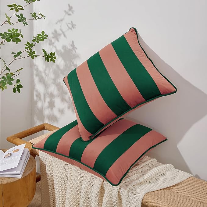 MONDAY MOOSE Decorative Throw Pillow Covers Cushion Cases, Set of 2 Soft Velvet Striped Piping Edge Designs, Pillow Inserts Not Included (18x18 inch, Pink/Green)