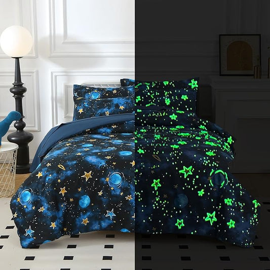 Glow in The Dark Kids Comforter Set, 7 Pieces Blue Space Bedding Set Full Size for Boys Girls Teen, 1 Comforter, 2 Pillowcases, 2 Pillow Shams, 1 Flat Sheet, 1 Fitted Sheet