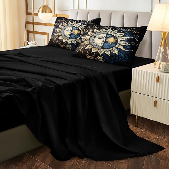 Sun and Moon Comforter Set Black Boho Bedding Set Celestial Galaxy Starry Space Bedding Comforter Mandala Exotic Black Bed in A Bag Queen Size