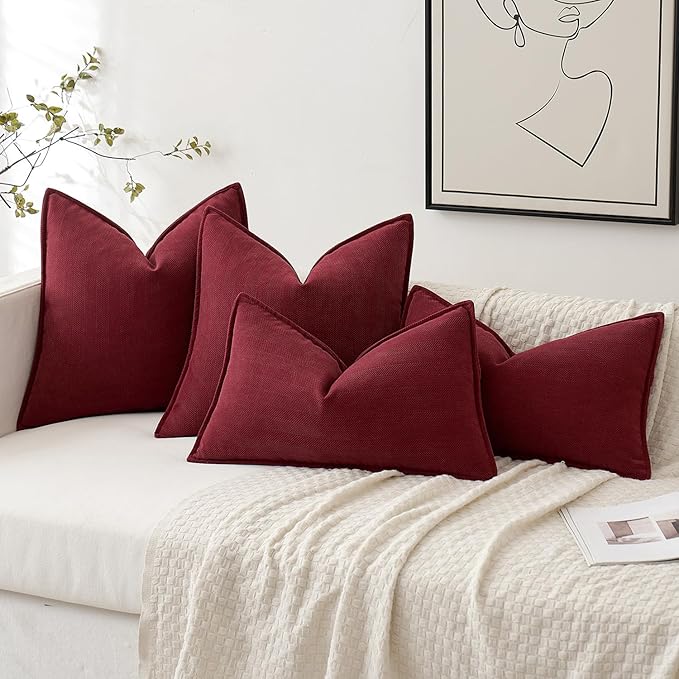 MIULEE Pack of 2 Burgundy Decorative Pillow Covers 24x24 Inch Soft Chenille Luxurious Couch Throw Pillows Farmhouse Cushion Covers Euro Shams with Elegant Design for Sofa Bed Home Decor