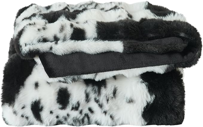 Lotus Karen Faux Fur Throw Blanket Cow Print-Black, Fluffy Fuzzy Plush Bubble Blanket for Couch, 60x50 Inches Cozy Shaggy Rabbit Blanket, Luxury Decorative Gifts for Sofa Bedroom Living Room.