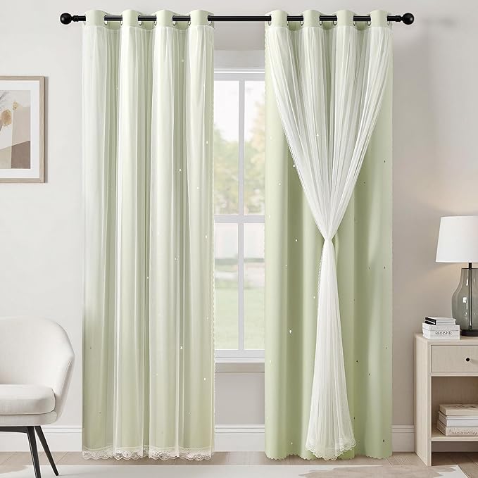 XiDi Sage Green Blackout Curtains for Bedroom Living Room 84 Inches Long Room Darkening Thermal Insulated Drapes Window Treatment Grommet Top Light Blocking Star Curtains for Kids Boys 2 Panels 52x84
