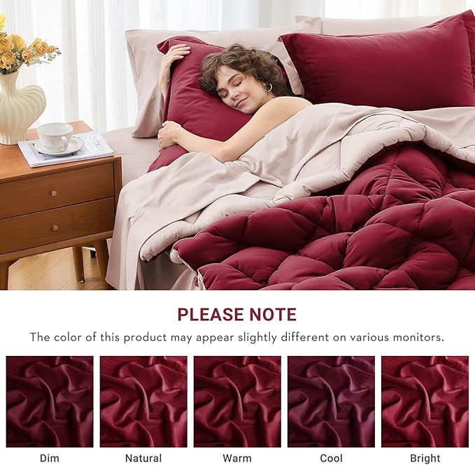 MUXHOMO 7 Pieces King Comforter Set, Reversible Bed in a Bag King Size, All Season Bedding Set with Comforter, Flat Sheet, Fitted Sheet, Pillowcases & Shams, Burgundy & Rose Gold