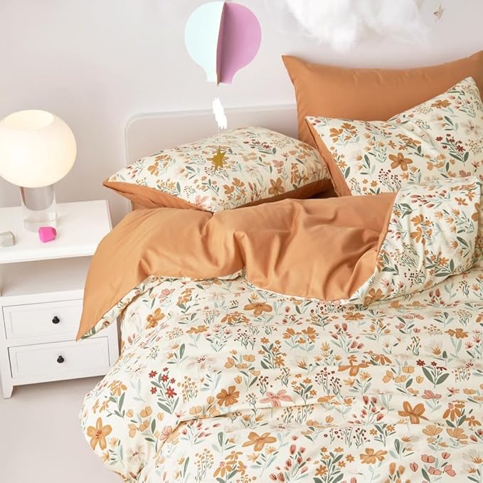 Wake In Cloud - Floral Bedding Set for Girls, Cute Colorful Botanical Flowers Patterned Soft Lightweight Comforter Set with Sheets, 7 Pieces Kids Bed in a Bag, Orange Cream, Queen Size