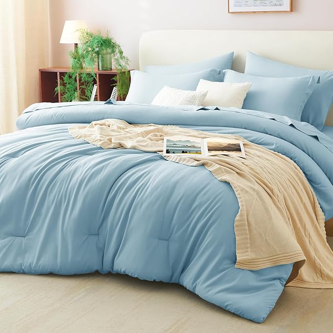 CozyLux Queen Comforter Set Light Blue, 7 Pieces Bed in a Bag Queen Comforter Set with Sheets, Soft Bedding Sets with Down Alternative Comforter, Fitted Sheet, Flat Sheet, Pillow Shams and Pillowcases