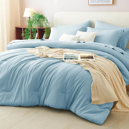CozyLux Full Size Comforter Set Light Blue, 7 Pieces Bed in a Bag Full Comforter Set with Sheets, Bedding Set with Down Alternative Comforter, Fitted Sheet, Flat Sheet, Pillow Shams and Pillowcases