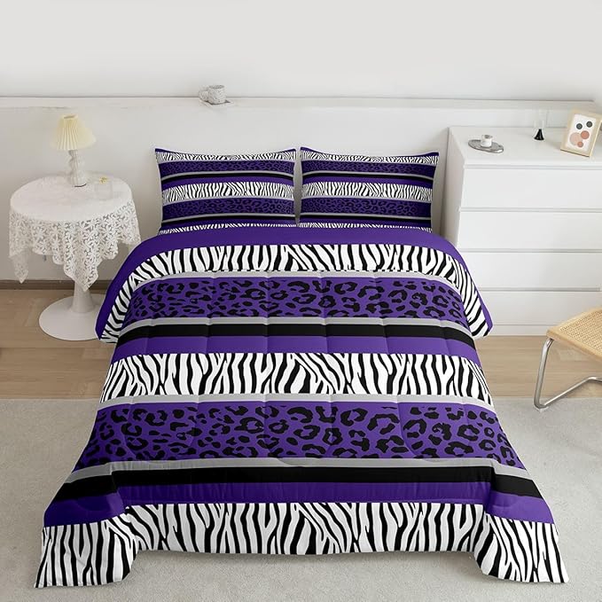Feelyou Leopard Print Comforter Set Zebra Stripes Bedding Set for Kids Boys Girls Teens Purple Black White Zebra Leopard Fur Comforter Safari Animal Hair Duvet Set Room Decor Quilt King Size Boys
