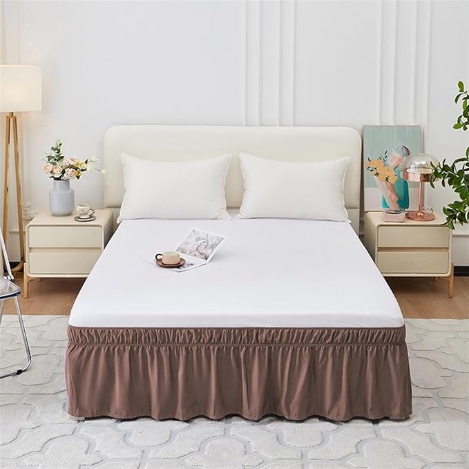 GIBZ Adjustable Wrap Around Ruffled Bed Skirt, Elastic Dust Ruffles Easy Fit Wrinkle & Fade Resistant, Machine Washable, Twin 16" Drop, Dark Coffee