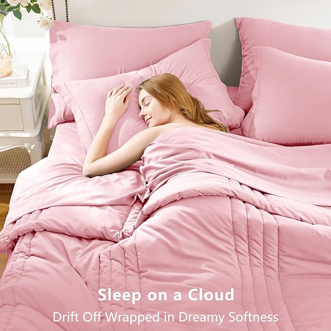 CozyLux Queen Comforter Set - 7 Pieces Bed in a Bag Pink Comforter Set with Sheets Luxury Bed Set All Seasons, Soft Bedding Set with Down Alternative Comforter, Sheets, Pillowcases & Shams