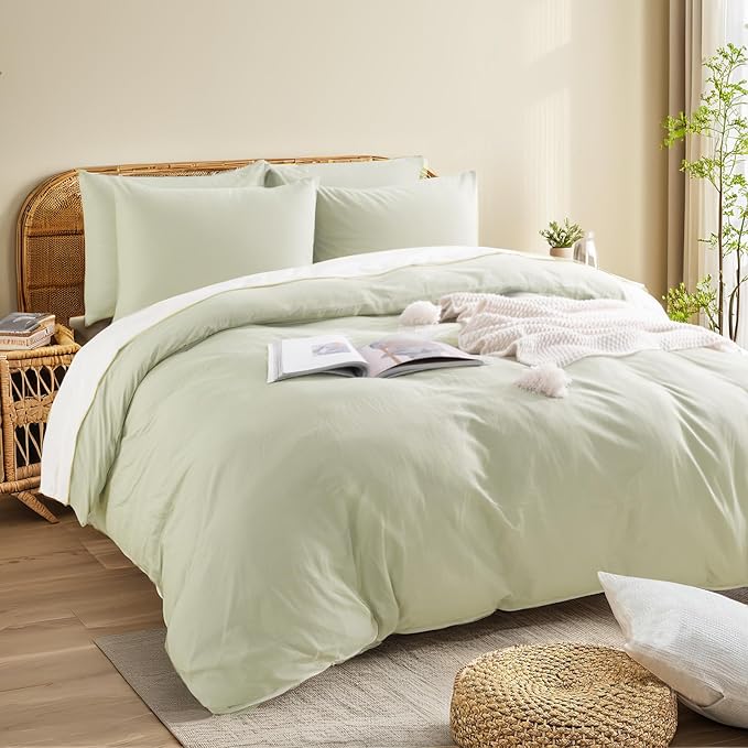 NEXHOME PRO Duvet Cover Set Oversized Queen 98"x98" Linen Feel Textured Organic Natural 100% Washed Cotton Duvet Cover 3 Pieces Bedding Set Zipper Closure, Breathable, Mint Green (No Comforter)