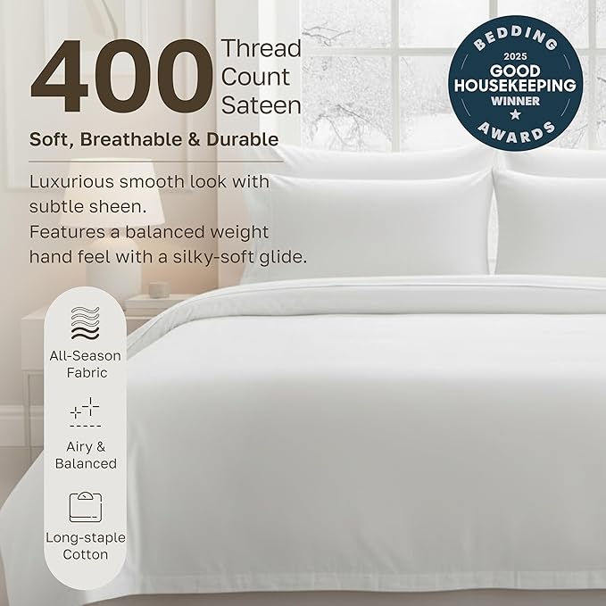 California Design Den Stripe Duvet Cover Queen Size, 400 Thread Count Sateen 100% Cotton Comforter Cover, 2 Pillow Shams, 3-Pc Bedding Set, Button Closure, Corner Ties (White Stripes, Full/Queen)