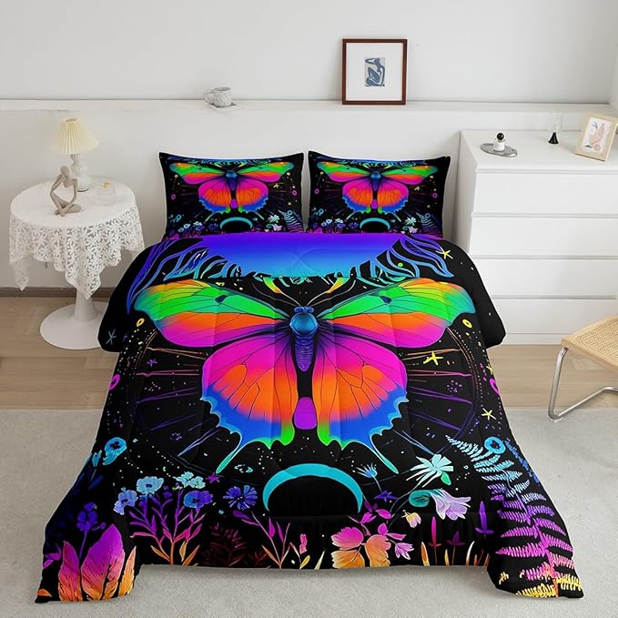 Erosebridal Moth Comforter Set King Hippie Psychedelic Sun and Moon Bedding Set,Purple Blue Ombre Galaxy Floral Botanical Comforter for Girls Teens Women Stars Planet Quilt Duvet 2 Pillowcases