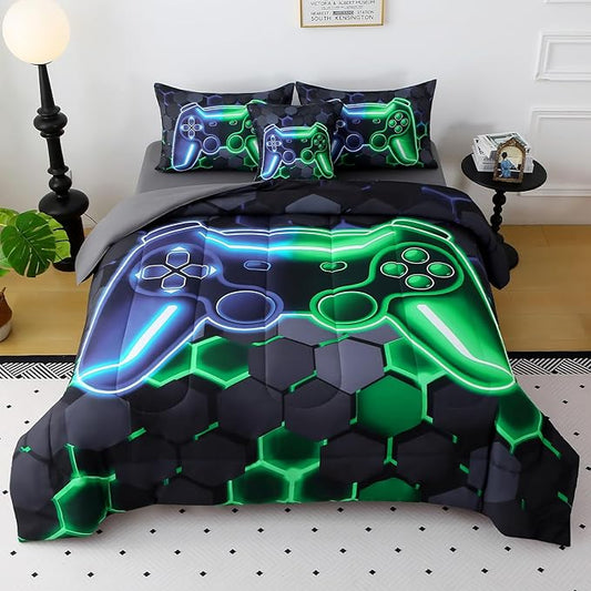 JQinHome Twin Gaming Bedding Set 6-Piece Comforter for Kids Teens - 3D Video Game Console Print Bed in a Bag with Ultra-Soft Fluffy Sheets, Blue-Green Unisex Design (Twin)