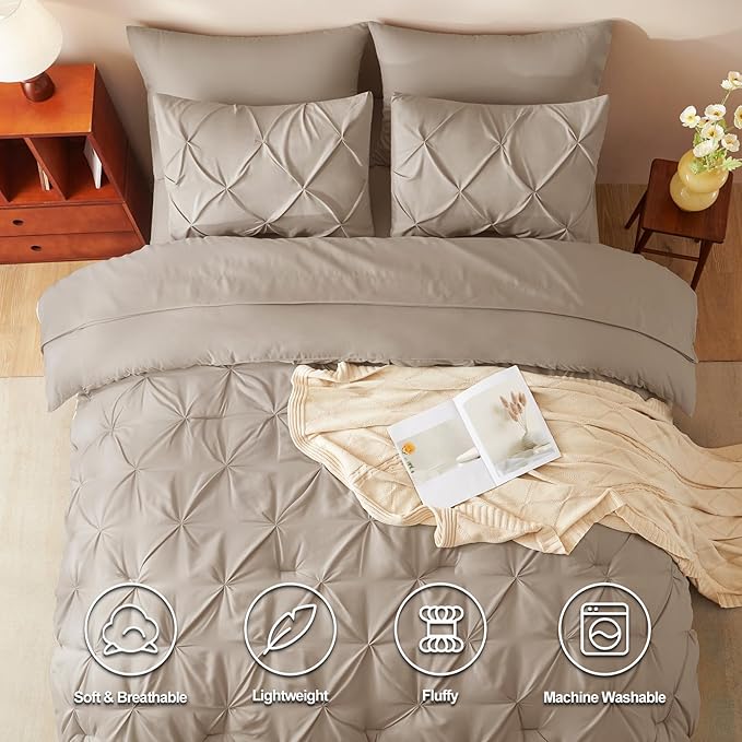 CozyLux King Size Comforter Set Khaki, 7 Pieces Pintuck Bed in A Bag Khaki Comforter King Size, Pinch Pleat Bedding Set with All Season Comforter, Sheets, Pillowcases & Shams