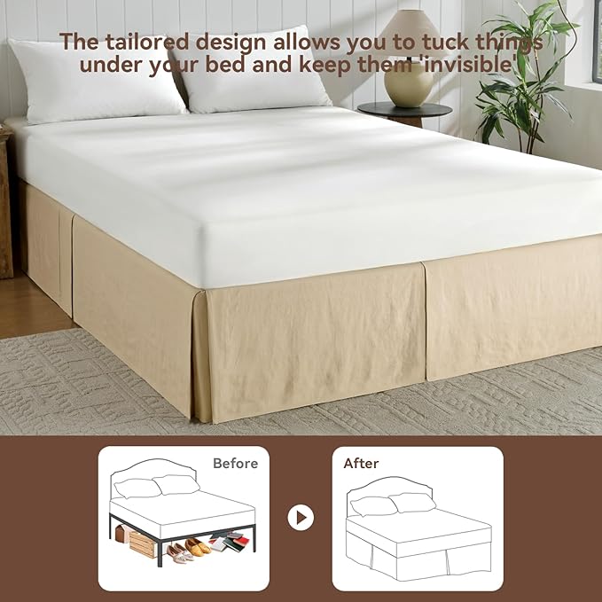 French Linen Bed Skirt 16" Tailored Drop Dust, Easy Fit Breathable Natural Flax Soft Cozy Farmhouse Bedding (16" Queen, 60"×80")