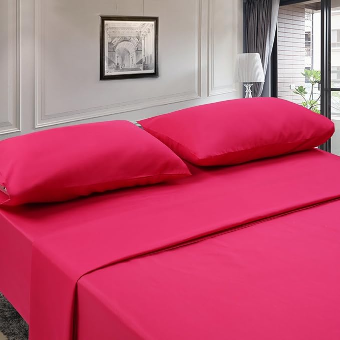 Twin XL Sheets Set 4 Piece Cooling Bed Sheets- Hotel Luxury 1800 Bedding Sheets & Pillowcases - 1 Flat Sheet,1 Fitted Sheet and 2 Pillow Cases - Extra Soft , Deep Pocket up to 16" (Hot Pink)