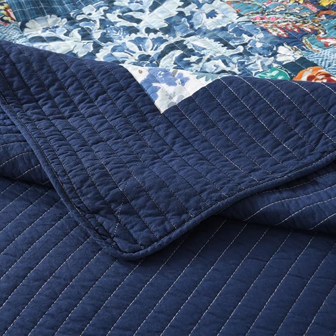Autumn Dream Cotton Bedspread Quilt Sets Reversible Bedding Coverlet Sets, Luxury Vintage Paisley Floral Patchwork Blue Bedspread, Queen Size
