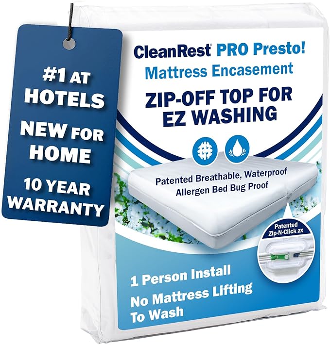 CleanRest PRO Presto! Zip-Off Top Mattress Encasement for EZ Washing, King Size, Waterproof Mattress Protector - Bed Bug, Dust Mite & Allergen Proof - 1 Person Install, No Mattress Lifting to Wash