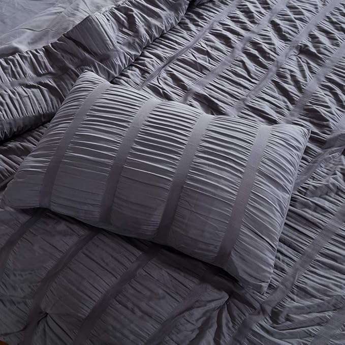 SLEEP ZONE Luxury Seersucker Queen Comforter Set 3-Piece, Soft & Lightweight Down Alternative Duvet Insert with Pillow Sham Cooling for Summer, Gray