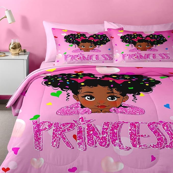 Nesker 7 Pcs Comforter Set Full Size, Pink Princess Bedding for Kids Teen, Cute Fairy Fantasy Girl with Fitted Sheet 2 Pillowcases & 2 Shams for Bedroom Bed Decor