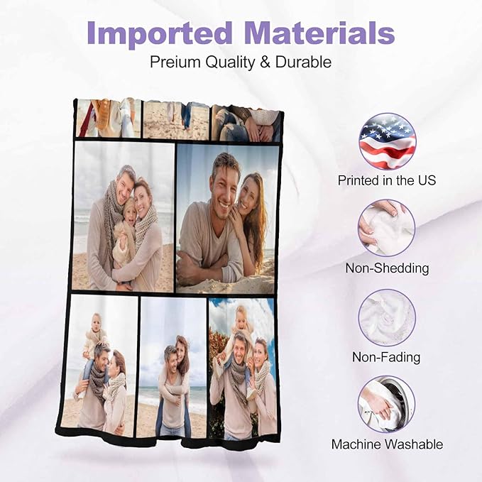Custom Blanket with Picture, 8 Photos Customizable Blanket Personalized Blankets Family Memory Gift for Dad Mom Grandpa Grandma
