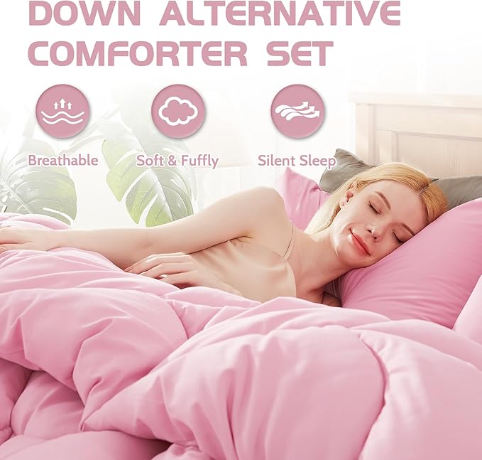 Decroom Lightweight Twin Comforter Set with 1 Pillow Sham - 2 Pieces Set - Quilted Down Alternative Comforter/Duvet Insert for All Season - Pink - Twin/Twin XL Size