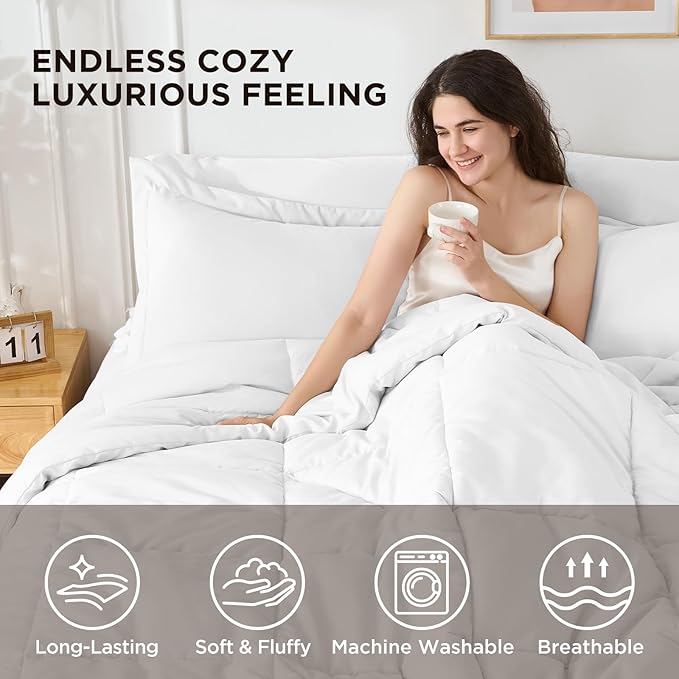 7 Pieces White Comforter Queen Set- Utral Soft Microfiber Bedding Set, Thick Duvet Insert Bed in a Bag Without Rustling Noise for All Season, 88"x88"