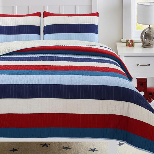 Cozy Line Home Fashions Aaron Bedding Quilt Set, Nautical Navy Blue Red Off-White Striped 100% Cotton Reversible Coverlet Bedspread Bedding Set (National Stripe, Queen - 3 Piece)