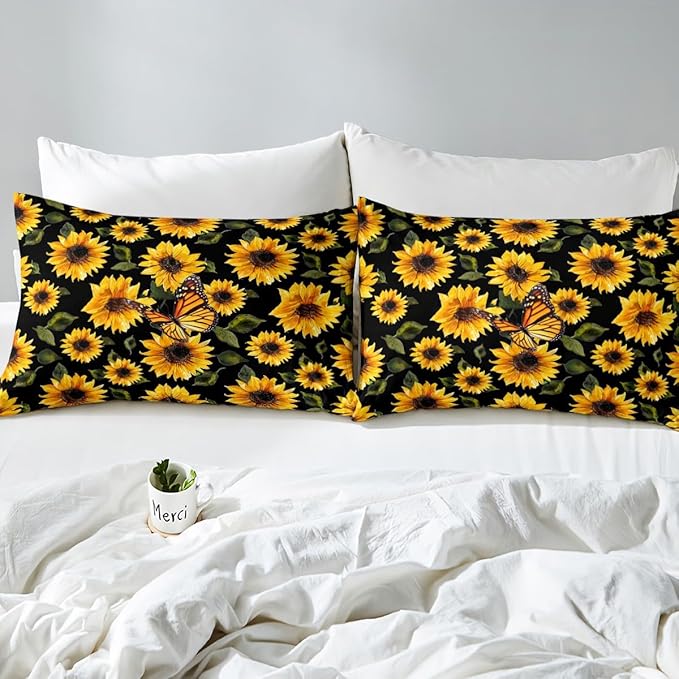 Feelyou Sunflower Bedding Set Girls Yellow Floral Butterfly Comforter Chic Flowers Pattern Comforter Set for Kids Teens Botanical Nature Duvet Set Ultra Soft Room Decor Toddler Size…