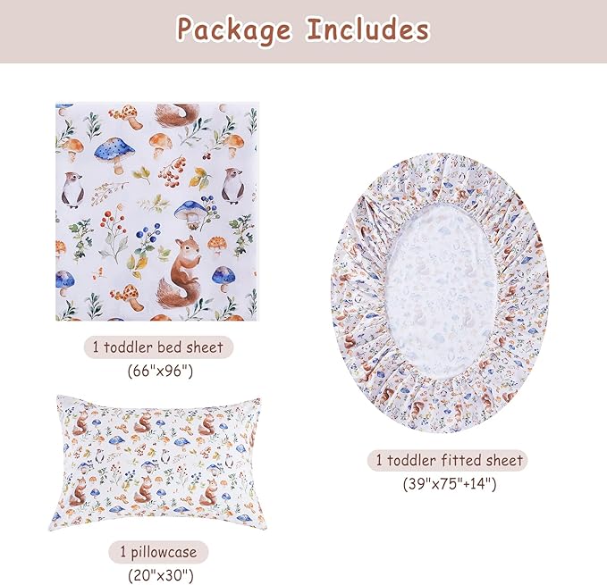 Kids Sheet Set Twin Size, Twin Sheet Set with Oil Squirrel Pattern，Breathable Silky Soft Microfiber Kids Fitted Sheet