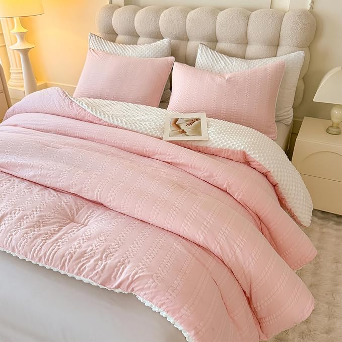Boho Comforter Set Full Size Striped Pleats Bohemian Seersucker Bedding Set All Season Soft Cozy 3 Pieces Quilt with 2 Pillowcases(80"X90" Blush Pink)