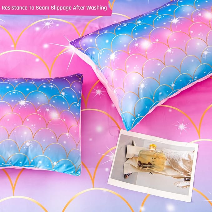 PERFEMET Blue Pink Mermaid Tail Girls Bedding Set, 6 Pcs Colorful Rainbow Queen Size Comforter Set with Sheets, Sparkle Glitter Tie Dye Teen Girl Bed in A Bag Kids Bed Sets