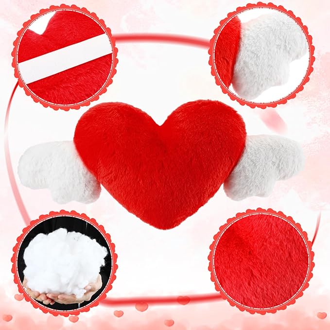 Macarrie 2 Pcs Plush Heart Shaped Pillow with Angel Wings Car Headrest Soft Comfortable Car Seat Pillow for Driving Travelling Room Office Car Decor, 19.7 x 8.3 Inch(Red)