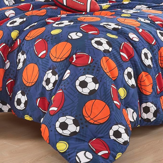 Chezmoi Collection 4-Piece Kids Sports Balls Bedding Comforter Set Full/Queen Size - Soft Microfiber Navy Blue Gray Orange White Printed Football Soccer Basketball Baseball Tennis for Kids/Teens