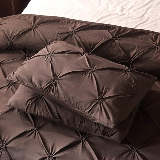 Feelyou Pinch Pleated Duvet Cover with Zipper Closure Pintuck Comforter Cover Set Twin Size Luxurious Pintuck Tufted Bedding Set Solid Coffee Microfiber Bedspread Cover with 1 Pillow Shams Soft