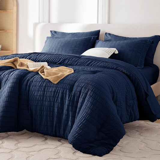MUXHOMO 7 Pieces California King Comforter Set, Seersucker Bed in a Bag Cal King Size, All Season Luxury Bedding Set with Comforter, Flat Sheet, Fitted Sheet, Pillowcases & Shams, Navy Blue