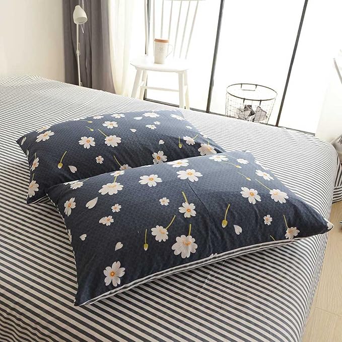 HighBuy Floral Duvet Cover Kids Girls Shabby Chic Duvet Cover Set Cotton Striped Reversible Stripe Pattern Navy Blue Teens Boys Bedding Set Twin Single Bed Comforter Covers