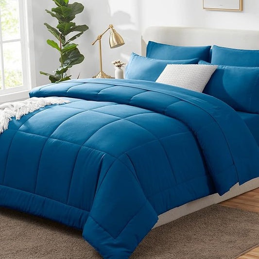 CozyLux Queen Comforter Set Teal, 7 Pieces Bed in a Bag, Teal Comforter Queen Size, All Season Bedding Sets with Stitch Quilted Comforter, Flat Sheet, Fitted Sheet, Pillowcases