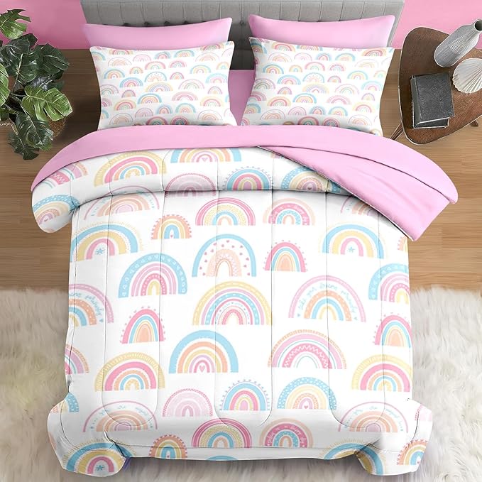 Comforter Set Twin Size, Cute Cartoon Rainbow 5 Pcs Bedding for Kids and Adults, Pink Boho Nursery Bed Sheet Sets with Fitted Sheet Pillowcase & Sham for Bedroom Bed Decor