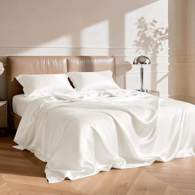 Love's cabin Twin XL Satin Sheet Sets - 3 Piece Ivory Silky Bed Sheets with Deep Pockets, Luxury Silk Feel Satin Sheet Set Twin XL (1 Flat Sheet,1 Fitted Sheet,1 Pillow case)