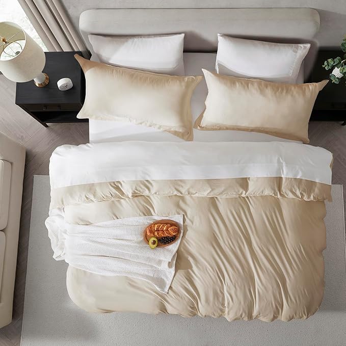 Nestl Beige Cream Duvet Cover Full Size - Soft Prewashed Full Size Duvet Cover Set, 3 Piece, with Zipper Closure, 1 Duvet Cover 80x90 inches and 2 Pillow Shams