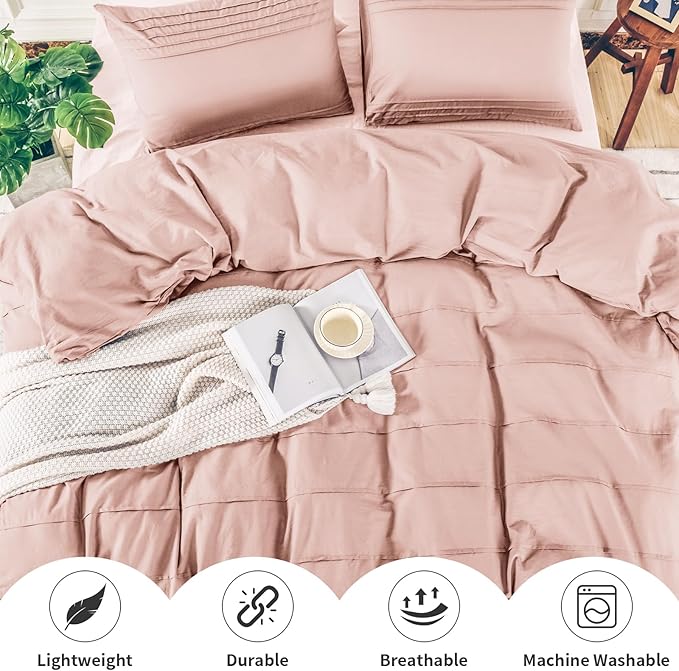 NEXHOME PRO 100% Washed Cotton Duvet Cover Queen Size, Pleated Textured Duvet Cover Set Light Pink, 3 Pieces Bedding Set with Zipper Closure, Soft, Lightweight and Breathable (90"x90", No Comforter)