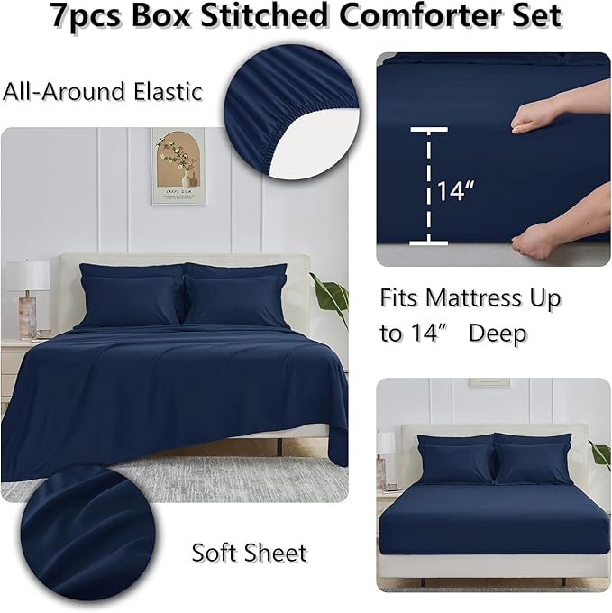 CozyLux Oversized King Comforter Sets Navy Blue, 7 Pieces Bed in a Bag, 120x98 Box Stitched Design Bedding Set, All Season Soft Bed Set with Down Alternative Comforter, Sheets, Pillowcases & Shams