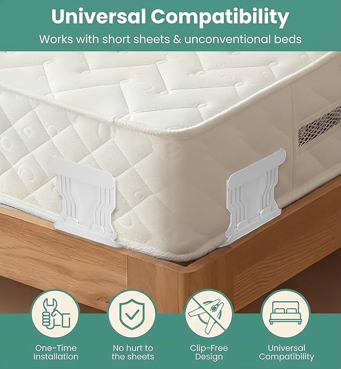 UNILEAF Bed Sheet Holders for Corners, 4-Pack Bed Sheet Grippers, Fabric-Safe Fitted Sheet Holder, No-Lift Corner Clips, One-Time Install, Universal Fit for Twin–King Mattresses
