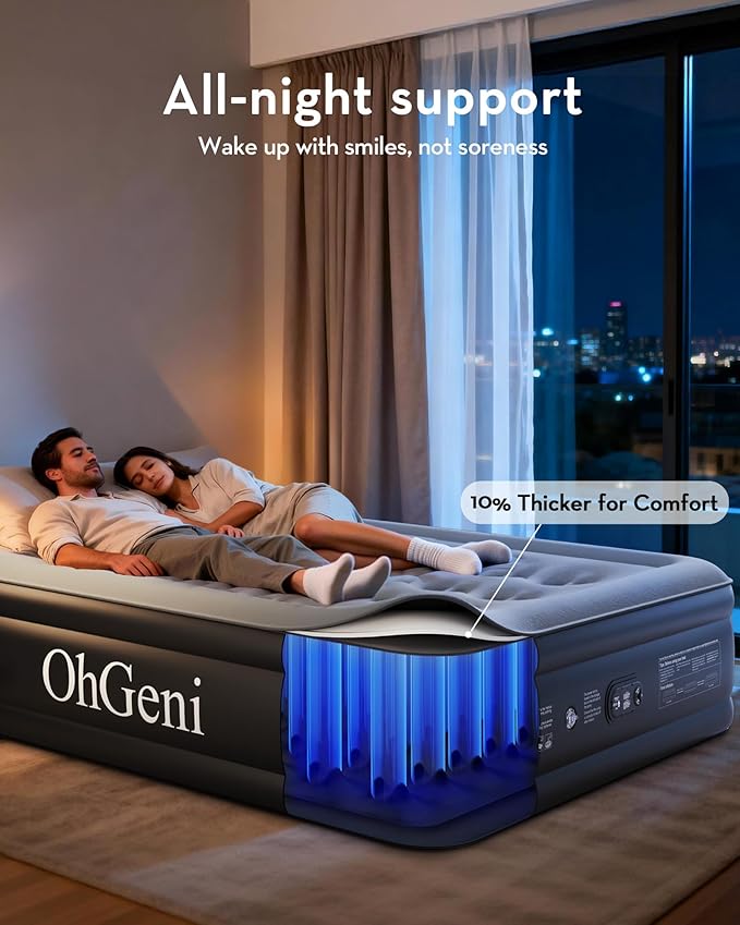 OhGeni Air Mattress Full with Built-in Pump,18'' Comfortable Blow Up Colchones Inflables Mattress for Home,Guests,Foldable,Portable Bed for Adults,Durable Airbed Supports Up to 600 lbs,Black