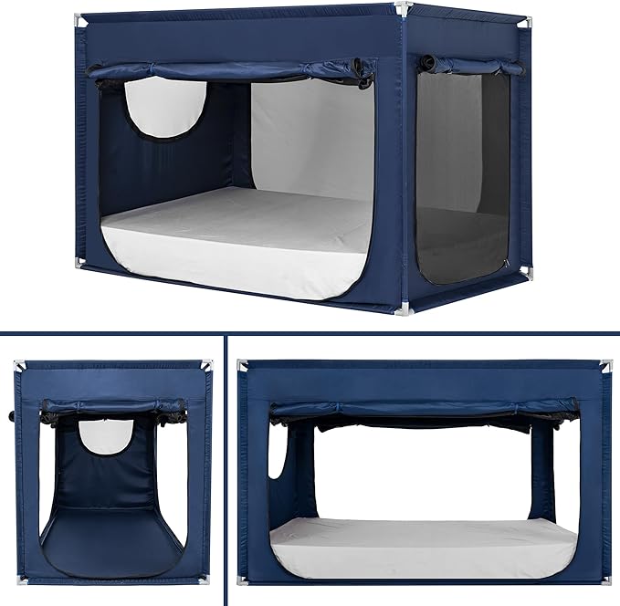 Full Bed Canopy Portable Blackout Bed Tent Privacy Tent for Adult Indoor Sleeping with 3 Doors, Storage Bag, Navy Blue