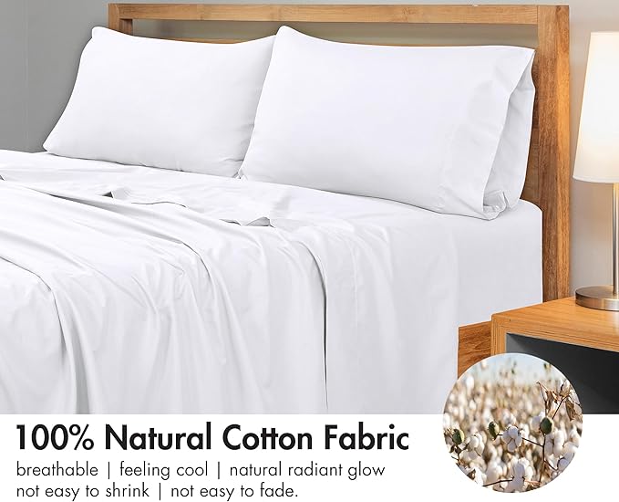 Royale Linens 300 Thread Count 100% Long Staple Combed Cotton Flat Sheet - Super Soft - Top Sheets - Queen Flat Sheet Sold Separately - Breathable, Cool & Crisp Percale Sheets Only (Queen, White)