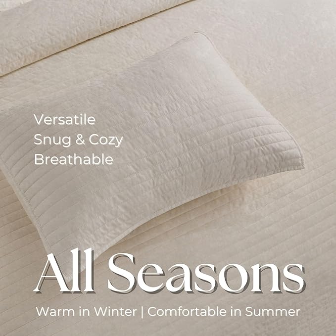 DOWN HOME Queen Quilt Bedding Set with Shams, Vintage Washed Soft Quilted Blanket Thin Comforter Lightweight Bedspread Coverlet Bed Cover, Brushed Microfiber Stripe Stitching, Linen White, 86"x90"