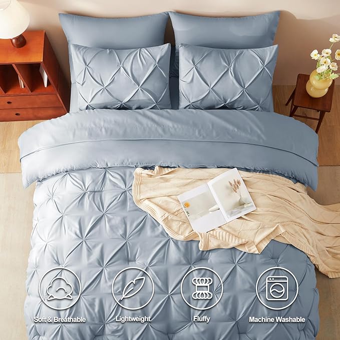 California King Comforter Set Grayish Blue, 7 Pieces Pintuck Bed in A Bag Cal King Size Bedding, Soft Bed Set All Season Pinch Pleat Comforter Set with Sheets, Pillowcases & Shams